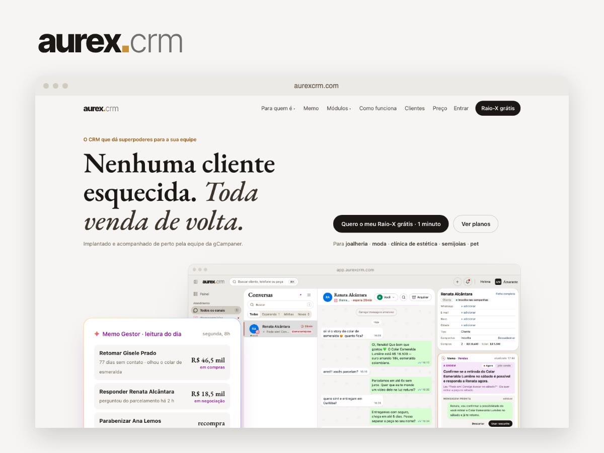 O site do Aurex CRM, aurexcrm.com